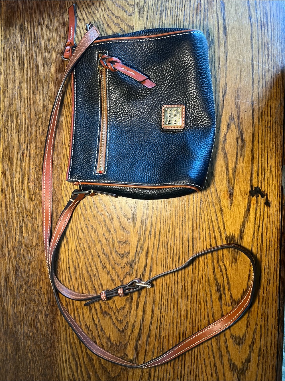 Dooney & Bourke Black Pebble Leather Crossbody with Brown Trim and Tan Stitching